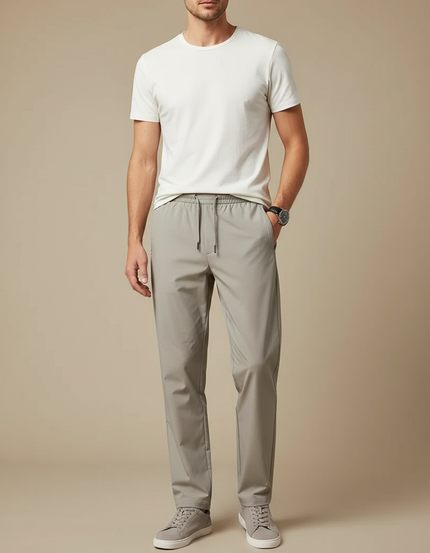 Pantalon Beige Homme Décontracté Cordon Droit Léger - Gris Polyester