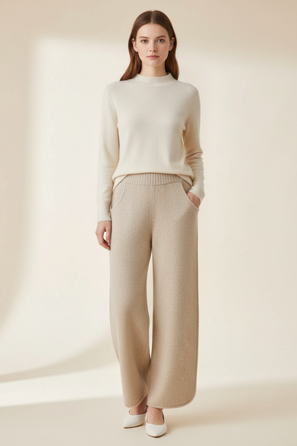 Pantalon Beige Laine Ample Tricoté Confortable Femme