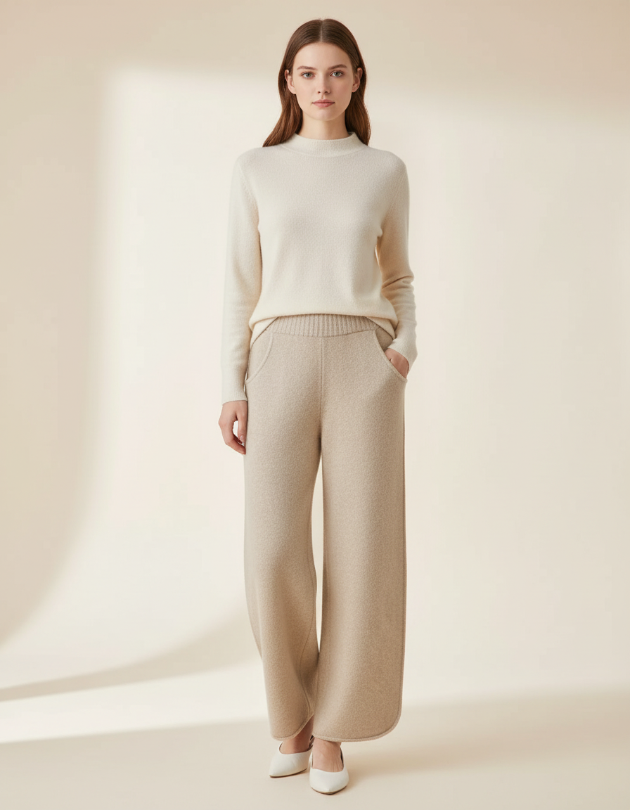 Pantalon Beige Laine Ample Tricoté Confortable Femme