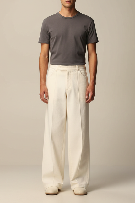 Pantalon Beige Droit Ample Décontracté Homme Coton