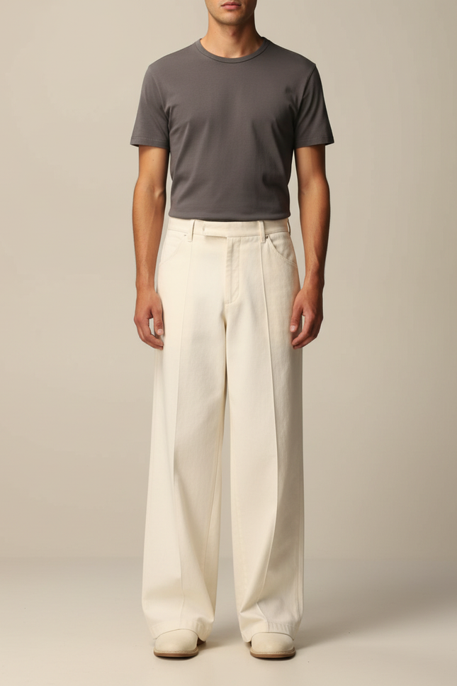 Pantalon Beige Droit Ample Décontracté Homme Coton