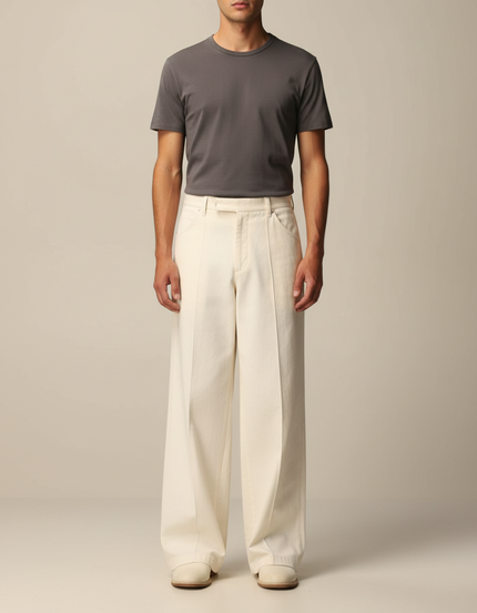 Pantalon Beige Droit Ample Décontracté Homme Coton