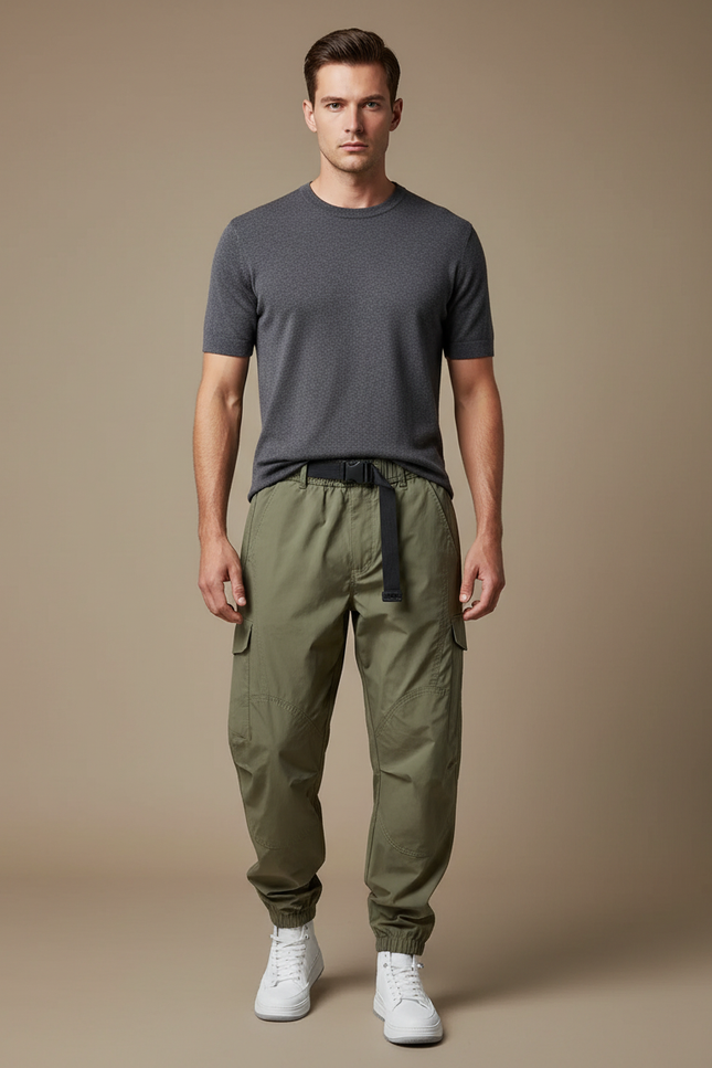 Pantalon Beige Cargo Ample Cordon Sport Casual - Kaki Polyester