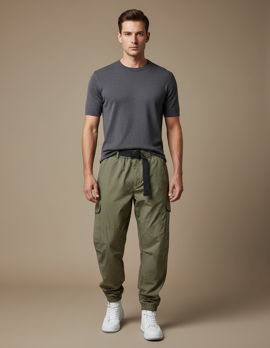 Pantalon Beige Cargo Ample Cordon Sport Casual - Kaki Polyester