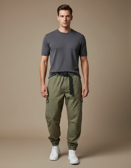 Pantalon Beige Cargo Ample Cordon Sport Casual - Kaki Polyester