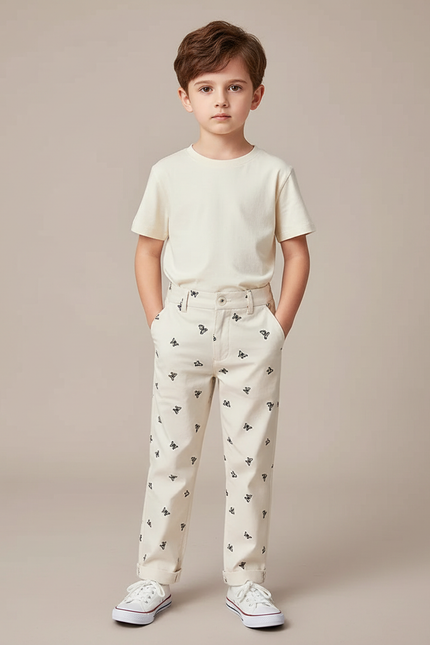 Pantalon Beige Brodé Papillons Droit Coton Garçon