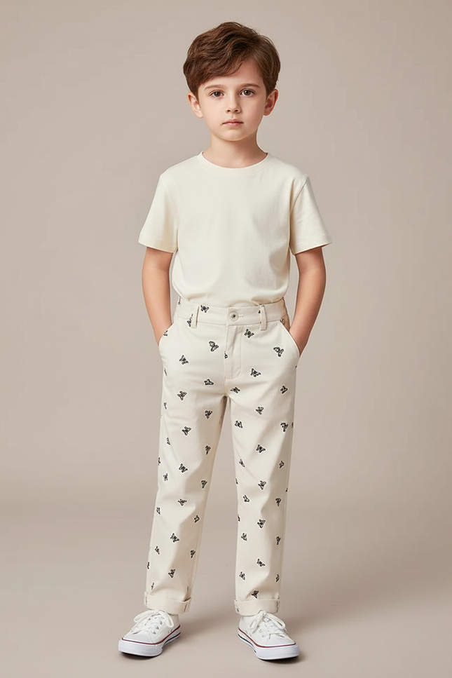 Pantalon Beige Brodé Papillons Droit Coton Garçon