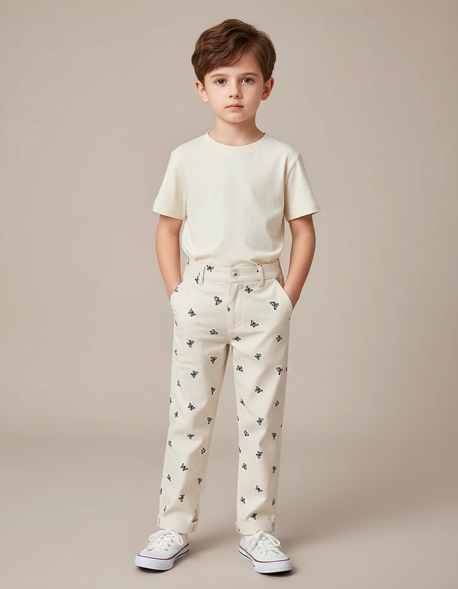 Pantalon Beige Brodé Papillons Droit Coton Garçon