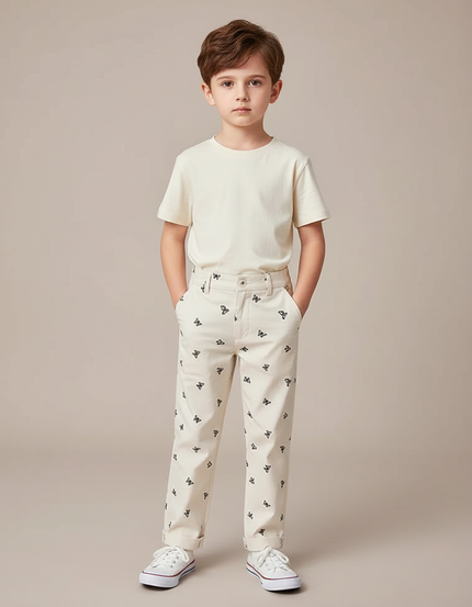 Pantalon Beige Brodé Papillons Droit Coton Garçon