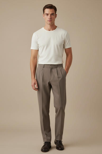 Pantalon Beige Droit Plissé Élégant Coton Homme - Gris