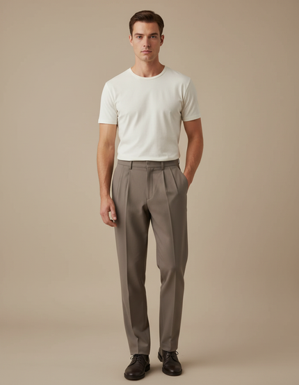 Pantalon Beige Droit Plissé Élégant Coton Homme - Gris