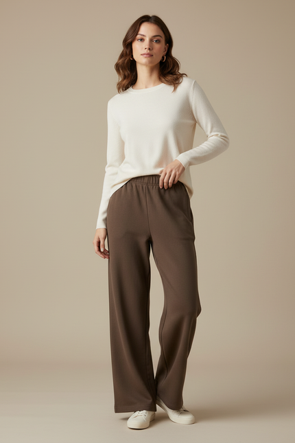 Pantalon Beige Large Coton Décontracté Femme - Kaki Molleton