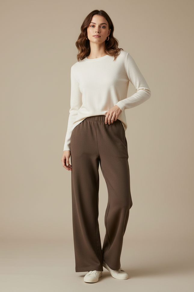 Pantalon Beige Large Coton Décontracté Femme - Kaki Molleton