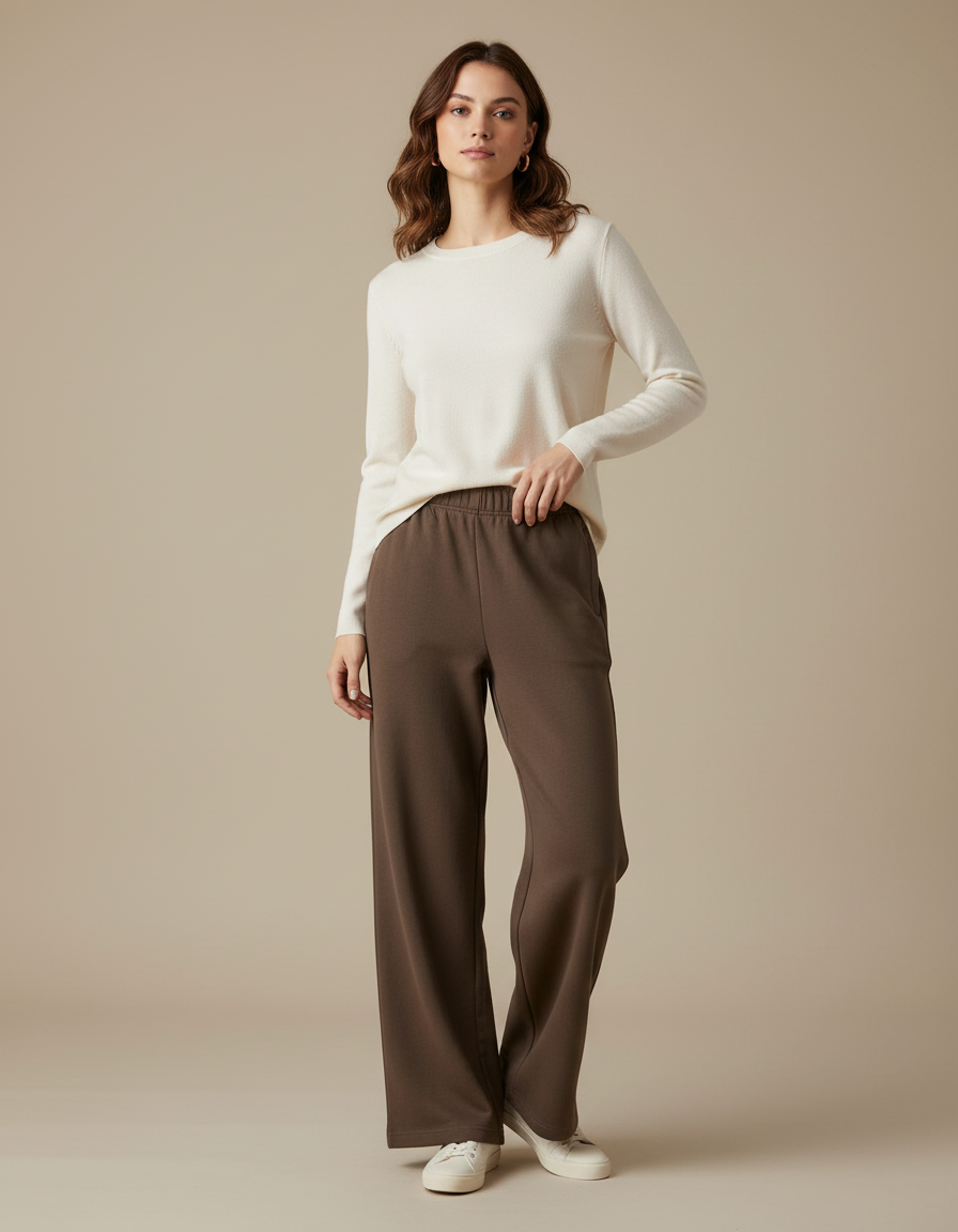 Pantalon Beige Large Coton Décontracté Femme - Kaki Molleton