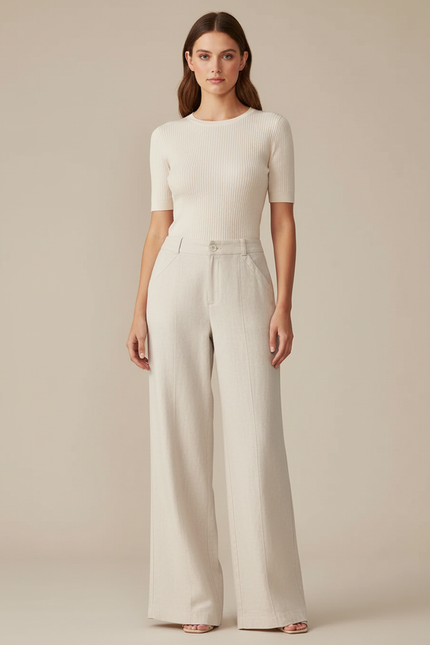Pantalon Beige Lin Ample Taille Haute Droit Élégant
