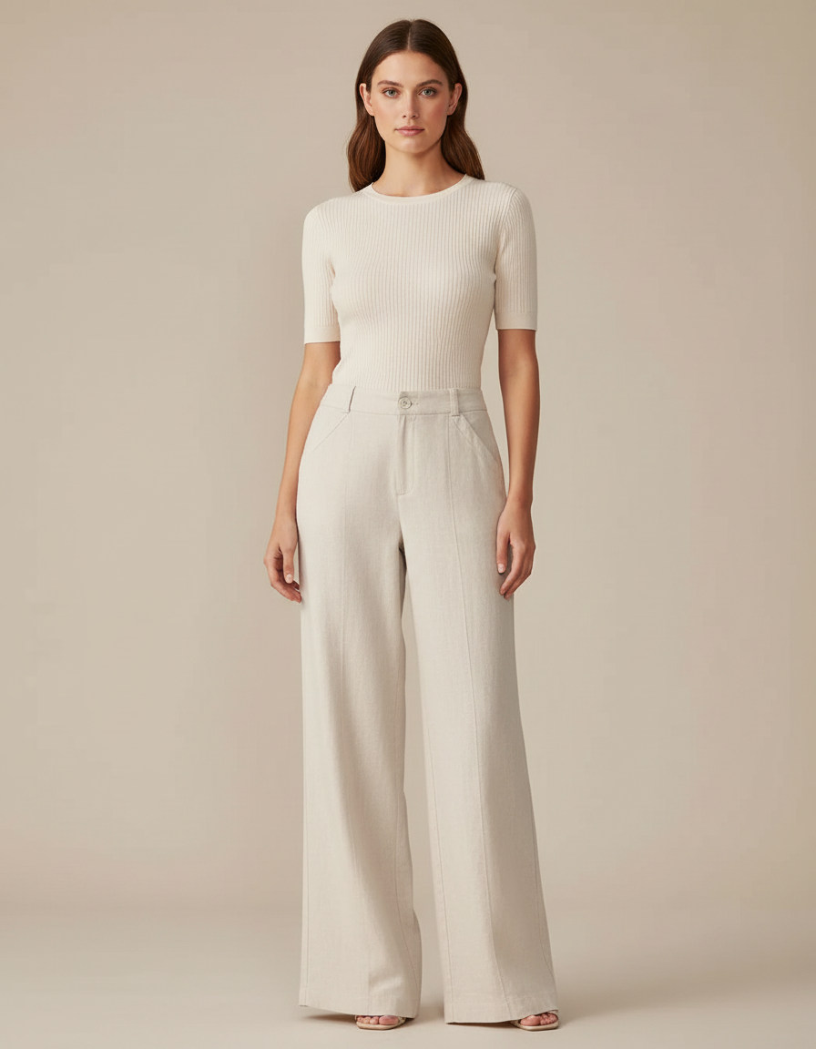 Pantalon Beige Lin Ample Taille Haute Droit Élégant