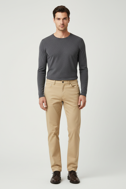 Pantalon Beige Homme Slim Coton Décontracté Élégant