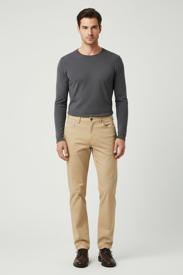 Pantalon Beige Homme Slim Coton Décontracté Élégant