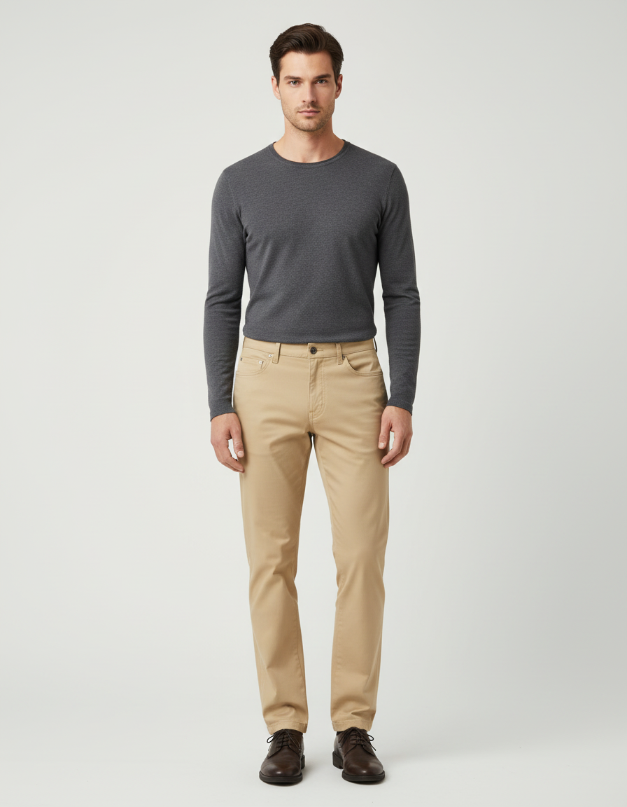 Pantalon Beige Homme Slim Coton Décontracté Élégant