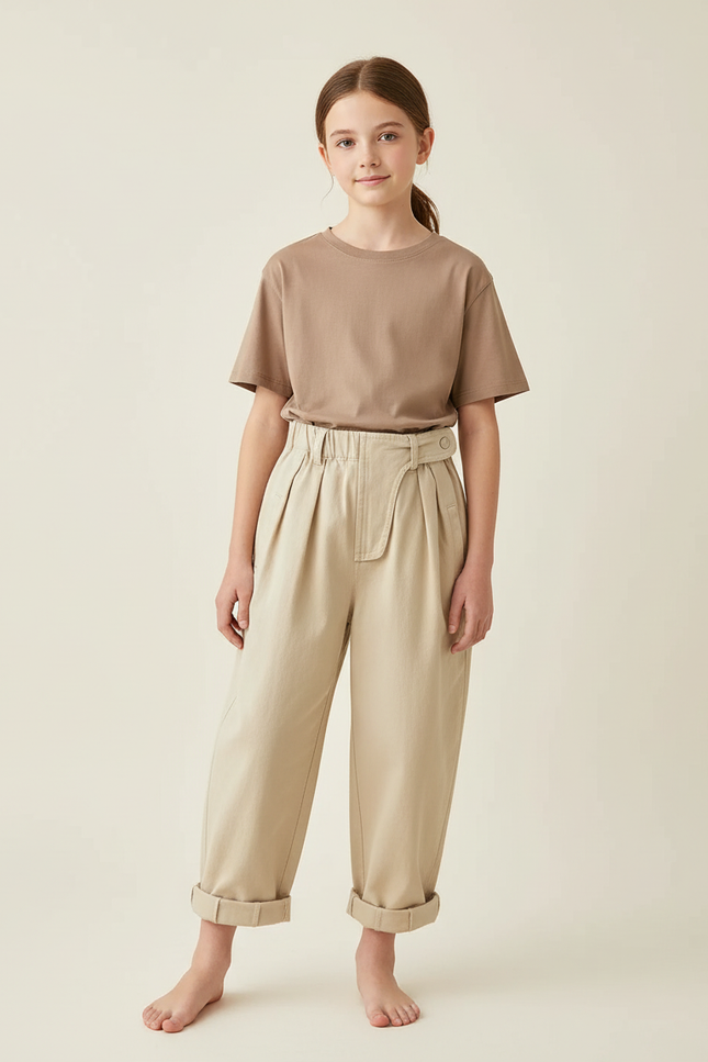 Pantalon Beige Coton Ample Plissé Décontracté Enfant