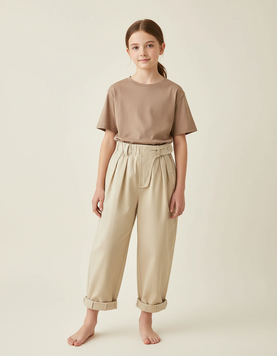 Pantalon Beige Coton Ample Plissé Décontracté Enfant