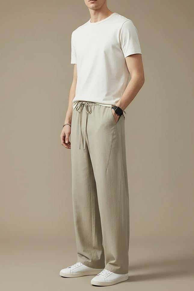 Pantalon Beige Coton Lin Ample Décontracté Homme