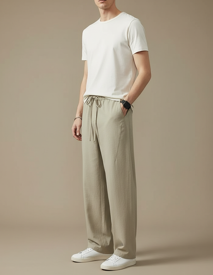 Pantalon Beige Coton Lin Ample Décontracté Homme