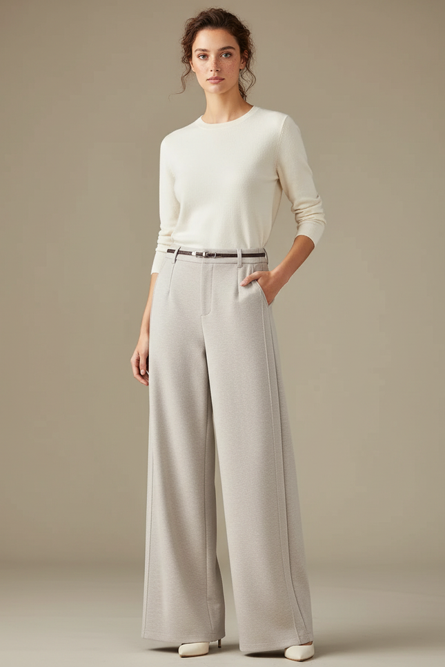 Pantalon Beige Large Fluide Élégant Décontracté Femme - Maille