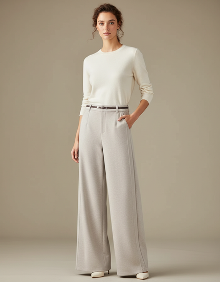 Pantalon Beige Large Fluide Élégant Décontracté Femme - Maille