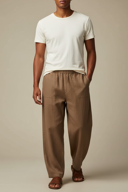 Pantalon Beige Homme Lin Ample Décontracté Cordon - Marron