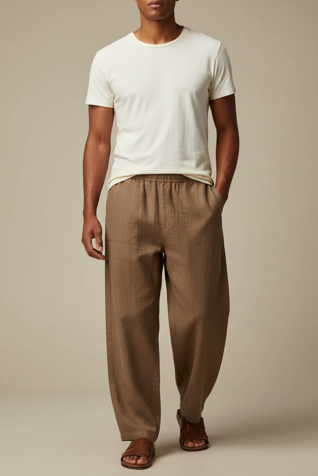 Pantalon Beige Homme Lin Ample Décontracté Cordon - Marron