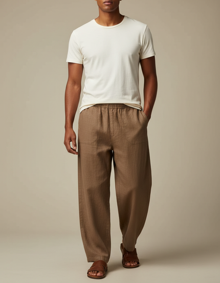Pantalon Beige Homme Lin Ample Décontracté Cordon - Marron