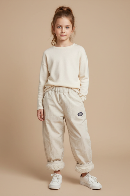 Pantalon Beige Ample Doublé Sherpa Enfant Hiver - Cordé