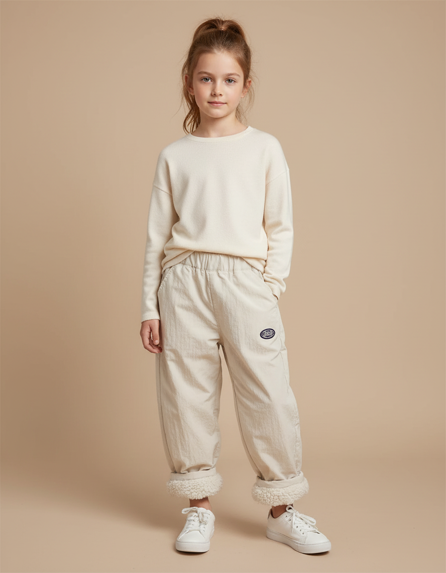 Pantalon Beige Ample Doublé Sherpa Enfant Hiver - Cordé