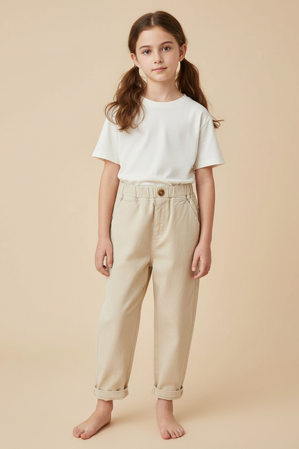 Pantalon Beige Coton Droit Élastiqué Enfant Décontracté - Molleton