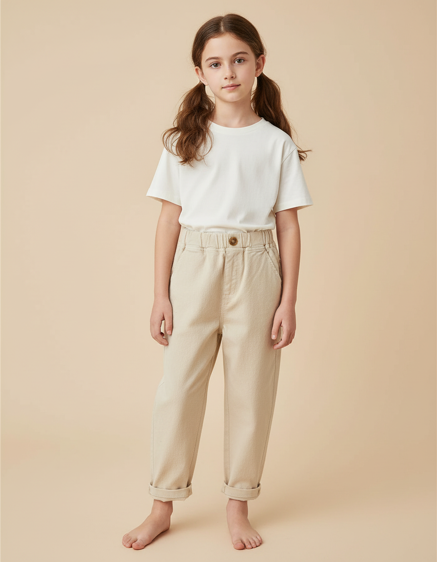 Pantalon Beige Coton Droit Élastiqué Enfant Décontracté - Molleton