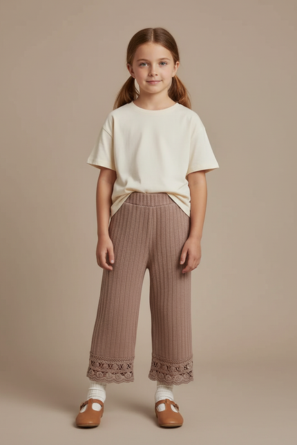 Pantalon Beige Côtelé Dentelle Tricoté Ample Fille - Marron Maille