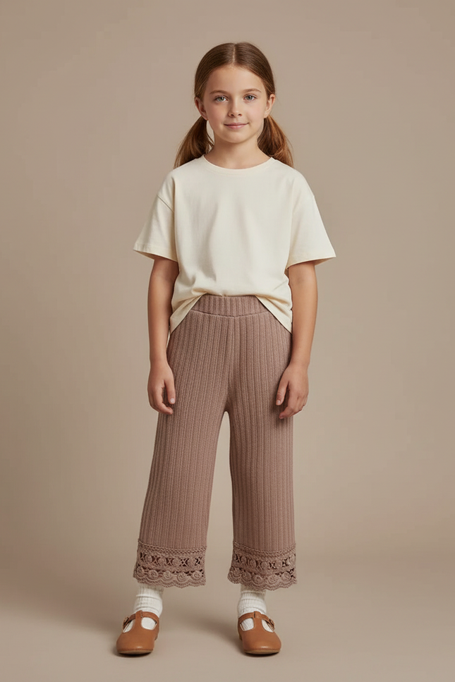 Pantalon Beige Côtelé Dentelle Tricoté Ample Fille - Marron Maille