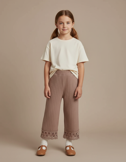 Pantalon Beige Côtelé Dentelle Tricoté Ample Fille - Marron Maille