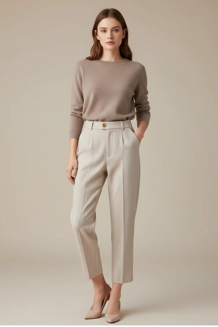 Pantalon Beige Taille Haute Pince Motif Discret - Laine