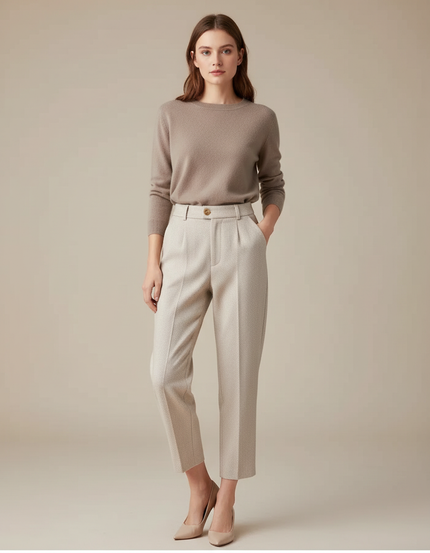 Pantalon Beige Taille Haute Pince Motif Discret - Laine