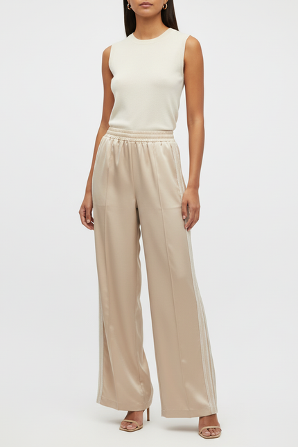 Pantalon Beige Satiné Ample Rayures Latérales Élégant