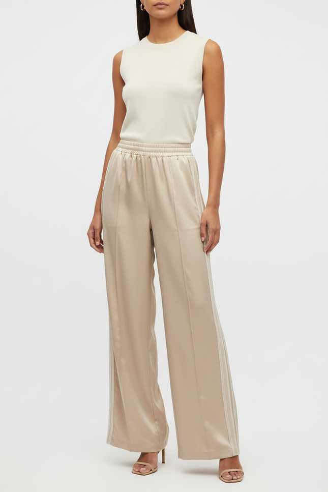 Pantalon Beige Satiné Ample Rayures Latérales Élégant