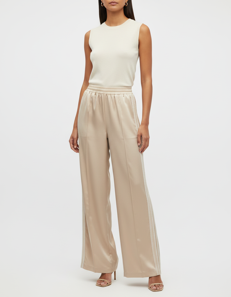 Pantalon Beige Satiné Ample Rayures Latérales Élégant