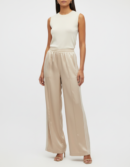 Pantalon Beige Satiné Ample Rayures Latérales Élégant