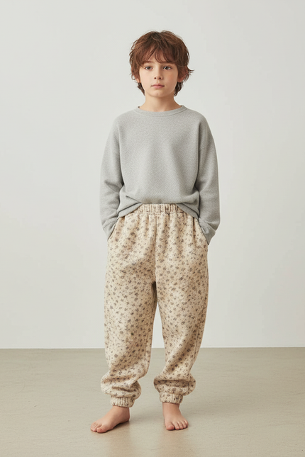 Pantalon Beige Fleuri Ample Coton Enfant - Molleton