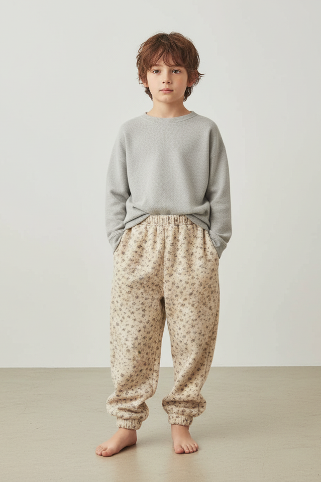 Pantalon Beige Fleuri Ample Coton Enfant - Molleton