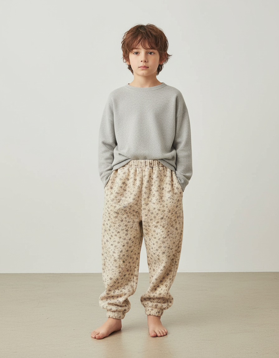 Pantalon Beige Fleuri Ample Coton Enfant - Molleton