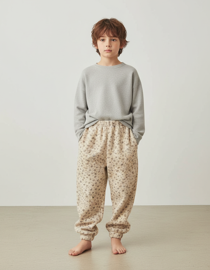 Pantalon Beige Fleuri Ample Coton Enfant - Molleton