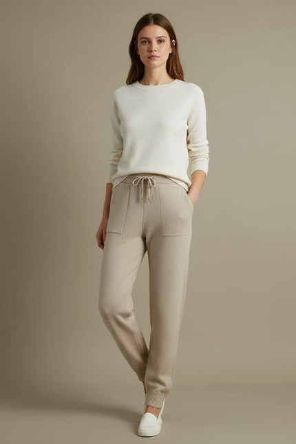 Pantalon Beige Tricoté Ample Confortable Cordon Femme - Maille